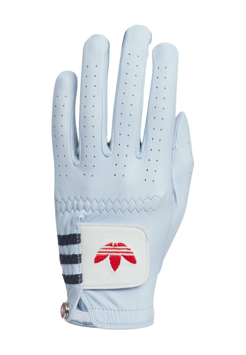 Luvas de golfe de couro azul claro com perfurações, patch branco, logótipo bordado em vermelho e riscas horizontais pretas na manga.