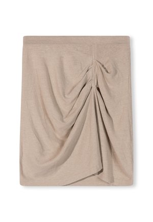 Falda drapeada beige hecha de un tejido suave, con un diseño fruncido en un lado, textura lisa y cintura elástica.