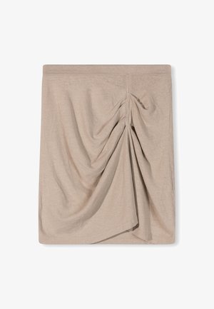 Beige Drapé-Rock aus weichem Stoff, mit einem gerafften Design auf einer Seite, glatter Textur und einem elastischen Taillenbund.