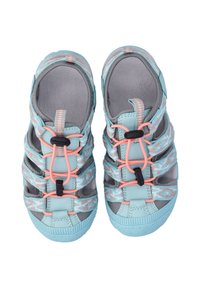 Youth water shoes with a light blue and gray design, featuring elastic laces, patterned straps, and a textured rubber sole.