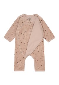 Weicher, beiger Baby-Overall aus Plüschstoff, mit einem gesprenkelten Muster, langen Ärmeln, Druckknopfverschlüssen und einem überlappenden Vorderdesign.