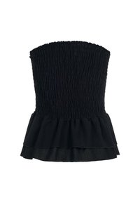Haut noir sans bretelles avec corsage froncé et ourlet à volants superposés à la taille, présenté sur fond blanc.