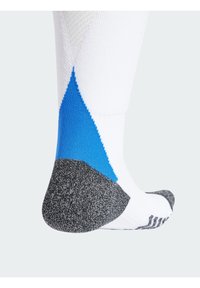 Calza compressiva con parte superiore bianca a trama, una sezione centrale blu e una suola grigio scuro, con accenti a righe sulla punta.