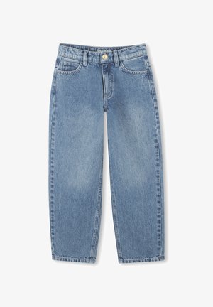 Lichtblauwe denim jeans met een rechte pijp, vijf zakken en een knoopsluiting. Heeft een vervaagde textuur en zichtbare stikdetails.