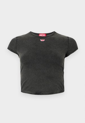 Cropped, short-sleeve t-shirt in dark gray fabric featuring a round neckline and small red "DIESEL" logo on the chest. Smooth texture.