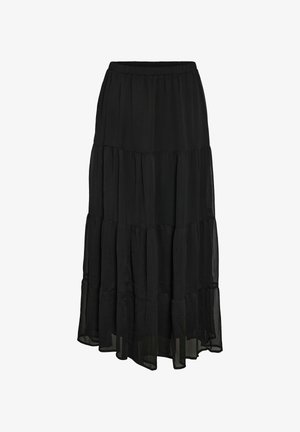 Black tiered midi skirt made of lightweight fabric, featuring an elastic waist and a flowing silhouette with sheer lower layers.