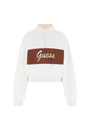 Felpa corta con corpo bianco, pannello centrale marrone con logo "Guess", collo con zip e polsini e orlo a coste.