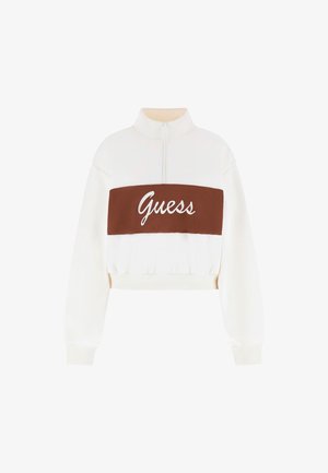 Geknipte sweatshirt met een witte body, een bruine middenpaneel met 'Guess' logo, ritssluiting bij de hals en geribbelde manchetten en onderrand.