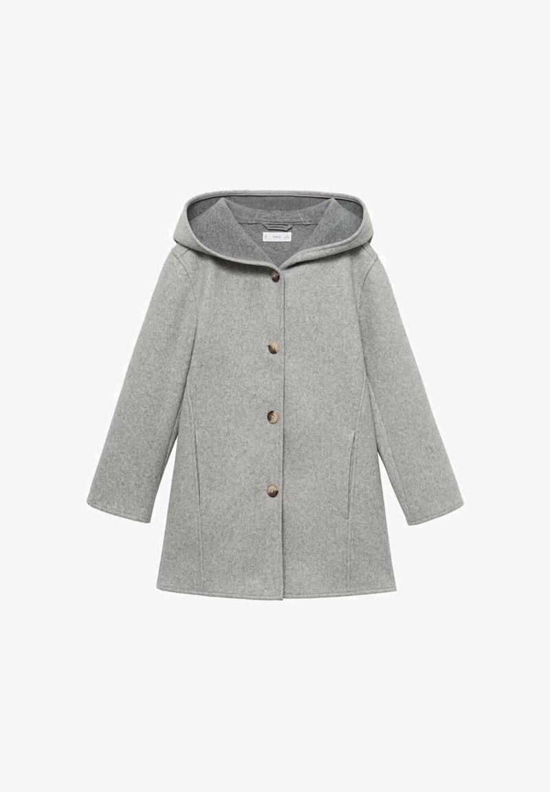 Siva volnena bunda s kapuco, z gumbom za zapiranje, dvema stranskima žepoma in sproščenim krojem. Notranjost ima svetlejše sivo podlogo.