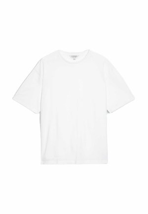 Weißes T-Shirt mit kurzen Ärmeln aus Baumwolle. Verfügt über einen runden Ausschnitt, eine lockere Passform und keine sichtbaren Muster oder Akzente. Glatte Textur.