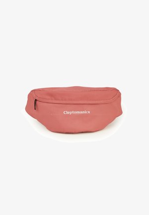 Dusty rose nylon fanny pack with a rounded shape, front zipper pocket, and "Clepomanicx" logo in white on the side.