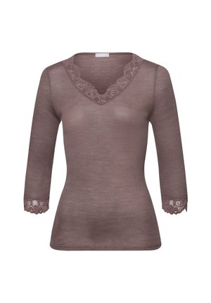 Brown V-neck top with three-quarter sleeves, featuring lace trim at the neckline and cuffs, made from a soft, textured fabric.