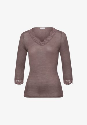 Brown V-neck top with three-quarter sleeves, featuring lace trim at the neckline and cuffs, made from a soft, textured fabric.