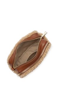 Brown leather and beige shearling pouch with two gold zippers and a beige fabric interior. Compact design with soft texture and rounded shape.