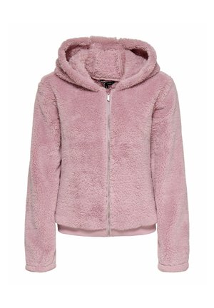 Sweat à capuche rose flou avec une texture douce, une fermeture éclair à l'avant et une capuche. Les poignets et l'ourlet côtelés ajoutent de la structure à la coupe décontractée.