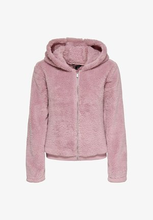Myk rosa hettejakke med glidelås, laget av et fluffy materiale, med glidelås foran og hette. Ribbestrikkede mansjetter og kant gir struktur til den ledige passformen.