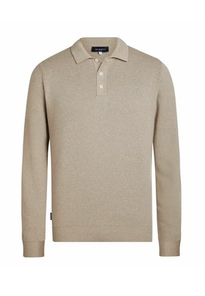 Beige long-sleeve knit polo shirt with ribbed cuffs and hem, three-button placket, and collar, labeled Mr Marvis.