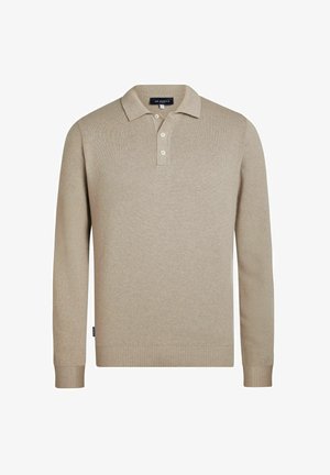 Beige gebreid polo met lange mouwen, geribbelde boorden en zoom, drieknopenbies en kraag, met het label Mr Marvis.