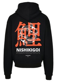 Black hoodie featuring vibrant orange koi fish illustration, bold orange Japanese characters, and "NISHIKIGOI" text in white.