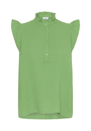 Top scurt cu maneci scurte de culoare verde deschis, cu guler și maneci volan. Pliuri cu nasturi în față. Material texturat, tiv drept la baza.