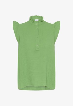 Haut vert clair à manches courtes avec col et manches à volants. Patte de boutonnage à l'avant. Tissu texturé, ourlet droit en bas.