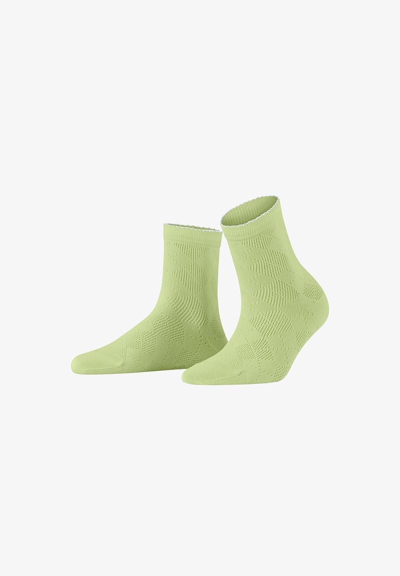 Hellgrüne Knöchelsocken mit strukturierten Mustern und gewelltem Saum. Hergestellt aus dehnbarem Material und mit einem passgenauen Design für hohen Tragekomfort.