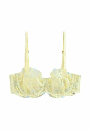 Keltainen pitsirintaliivit, joissa kukkakirjailu, kaaritukikupeissa, säädettävät olkaimet ja takana hakaskiinnitys.