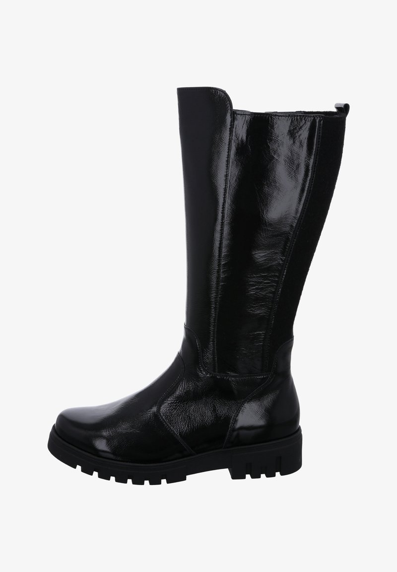 Bota negra hasta la rodilla con un upper de charol brillante, suela de goma y paneles laterales texturizados, que ofrecen durabilidad y comodidad.