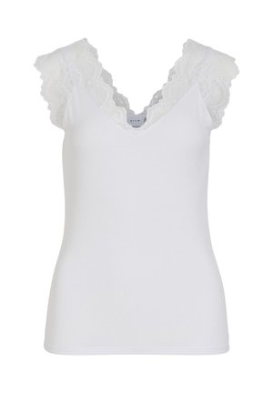 Balta bezmugurkaļa krekls ar V-veida kaklu, kam ir mežģīņu akcenti uz pleciem. Audums ir rievots, piedāvājot piegulošu siluetu.