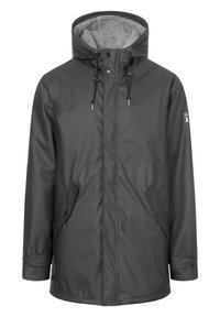 Giacca nera resistente all'acqua con una calda fodera in fleece grigio, cappuccio regolabile, tasche frontali con chiusura a pressione e chiusura con cordino.