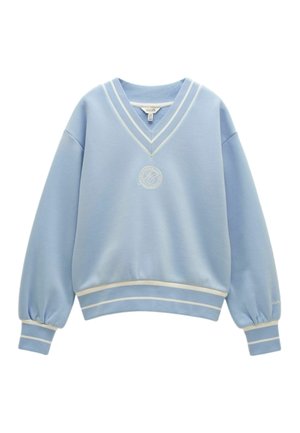 Svetlomodrá mikina s véčkovým výstrihom, s bielymi dvomi pruhmi na golieri, manžetách a spodnom leme, elastickými manžetami a malým okrúhlym logom na hrudi.