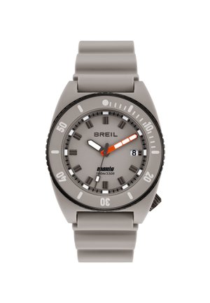 Breil Manta armbåndsur med grå silikonerem, grå urskive, sorte timemarkeringer, hvide og orange visere samt datovisning ved kl. 3.
