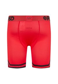 Pantaloni sportivi rossi con un motivo testurizzato, dotati di una cintura elastica nera con il marchio "PSD" e un bordo nero a contrasto all'orlo.