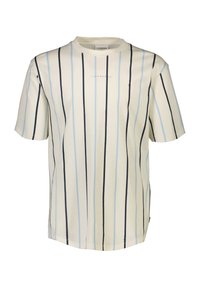 Korte mouwen T-shirt in crèmekleurige katoen met verticale strepen in donkerblauw en lichtblauw. Heeft een ronde hals en subtiele merklogo op de borst.