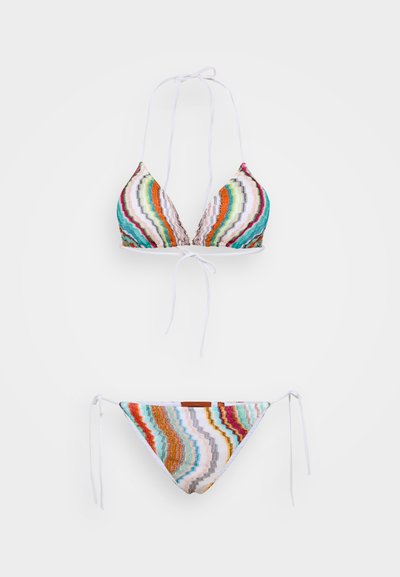 Bikini set with multicolored wave pattern in fabric; top has triangle cups and ties; bottom features side ties and matching pattern.