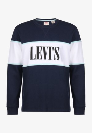 Sweat-shirt bleu marine avec des rayures horizontales blanches et bleu clair. Il présente un grand logo "LEVI'S" noir sur la poitrine. Matière en coton, coupe régulière.