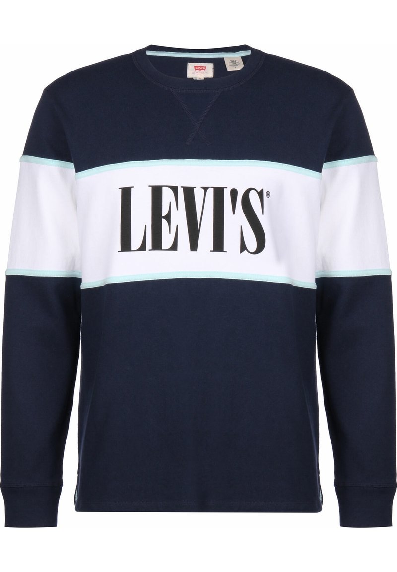 Sweat-shirt bleu marine avec des rayures horizontales blanches et bleu clair. Il présente un grand logo "LEVI'S" noir sur la poitrine. Matière en coton, coupe régulière.