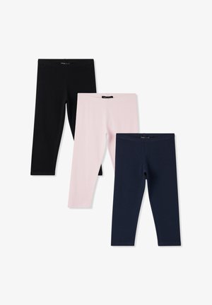 Tre paia di leggings: uno nero, uno rosa chiaro, uno blu navy. Realizzati in tessuto liscio con un design aderente e cinture elastiche.