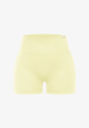Żółte szorty z elastycznej tkaniny z szerokim pasem, charakteryzujące się gładką fakturą i dopasowanym krojem, idealne do aktywności fizycznej.