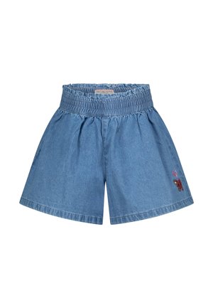 Denimshorts met een smockband in de taille, lichtblauwe kleur en geborduurd berenontwerp aan de linkerkant. Heeft een losse, uitlopende vorm.