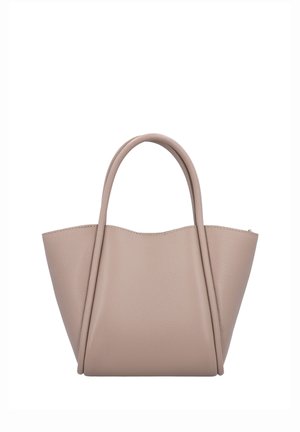 Bolso de mano de cuero beige con dos asas redondeadas y una forma estructurada, ligeramente trapezoidal, sobre un fondo blanco.