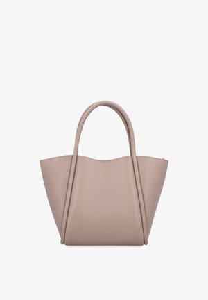Beige læderhåndtaske med to afrundede håndtag og en struktureret, let trapezformet form mod en hvid baggrund.