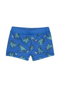 Blauwe zwemshorts met een herhaalprint van dinosaurussen in het groen, met surfplanken en golven. Gemaakt van zachte, elastische stof.