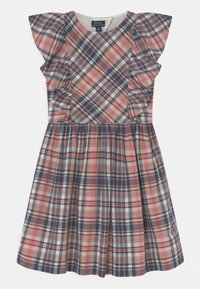 Vestito a quadri con dettagli arricciati sulle spalle. Presenta una combinazione di colori rosa, blu e bianco in un motivo geometrico. Tessuto in cotone.