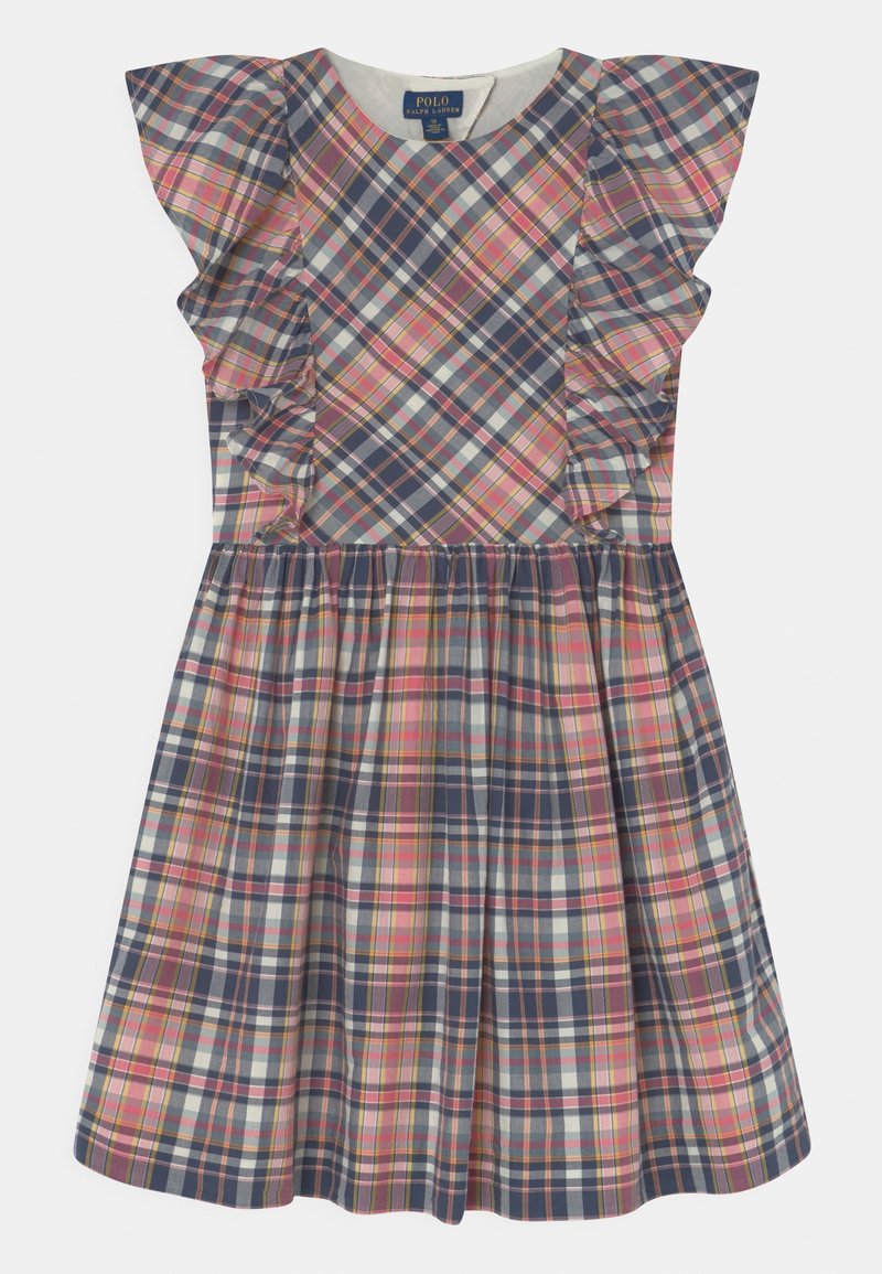 Vestito a quadri con dettagli arricciati sulle spalle. Presenta una combinazione di colori rosa, blu e bianco in un motivo geometrico. Tessuto in cotone.