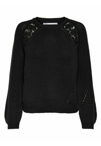 Pull en maille noire à manches longues, motif texturé, accents en dentelle florale sur les épaules, et poignets et ourlet côtelés.