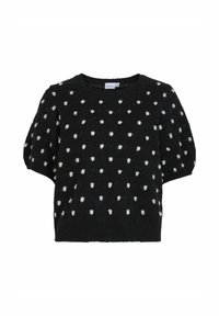 Melnā adīta džemperis ar baltiem punktiņiem, īsām pūkām, un apaļu kakla izgriezumu. Ribota apakšmalu un teksturēta auduma. Redzama zīmola etiķete.