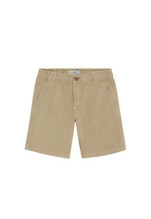 Pantalones cortos beige hasta la rodilla con cintura elástica, botón frontal, bolsillos laterales y un logo sutil en la parte inferior de la pierna izquierda.