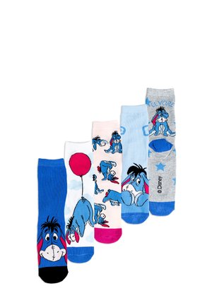Five pairs of colorful socks featuring various Eeyore designs from Winnie the Pooh, arranged in a row on a white background.