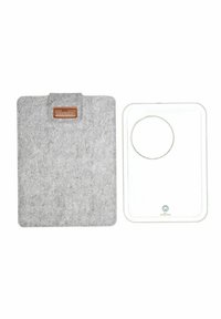 Grey felt tablet case with a textured surface and a brown leather accent. Clear tablet stand with a circular cutout on one side.